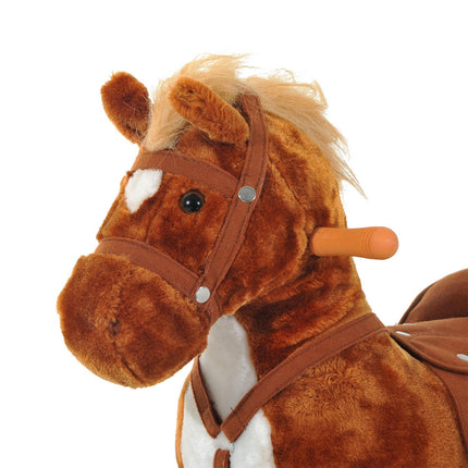 Rocking Horse Plush Kids Ride-On Wooden Pony Toy with Sound and Wheels - Brown