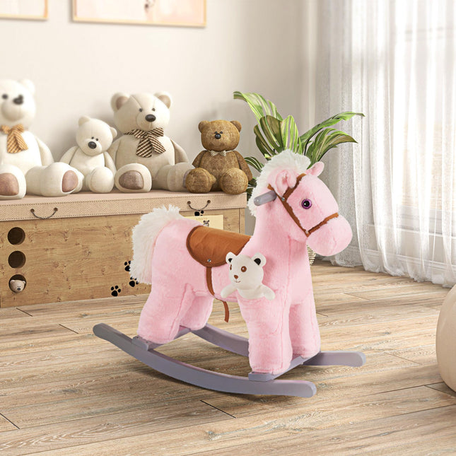 Kids Plush Ride-On Rocking Horse Toy with Realistic Sounds for 18-36 Months - Pink