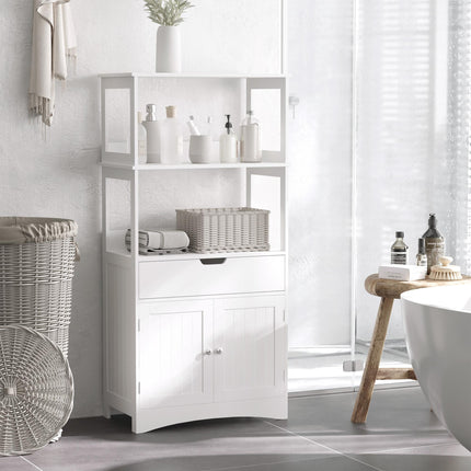 Free Standing Bathroom Floor Cabinet with Drawer and Shelves for Storage - White