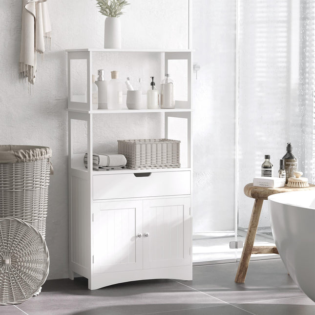 Free Standing Bathroom Floor Cabinet with Drawer and Shelves for Storage - White