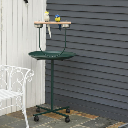 Bird Perch Stand with Wooden Perch, Feeding Bowls & Wheels for Small & Medium Birds - Green