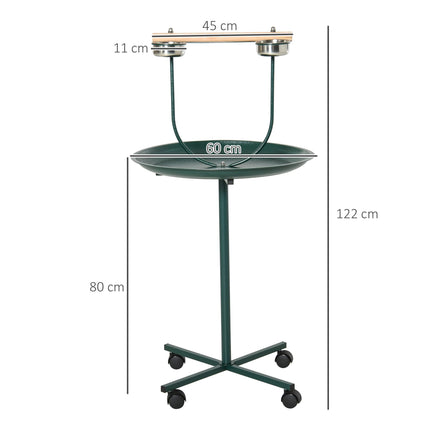 Bird Perch Stand with Wooden Perch, Feeding Bowls & Wheels for Small & Medium Birds - Green