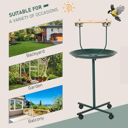 Bird Perch Stand with Wooden Perch, Feeding Bowls & Wheels for Small & Medium Birds - Green