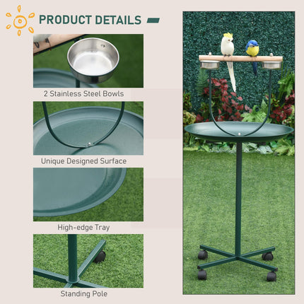 Bird Perch Stand with Wooden Perch, Feeding Bowls & Wheels for Small & Medium Birds - Green