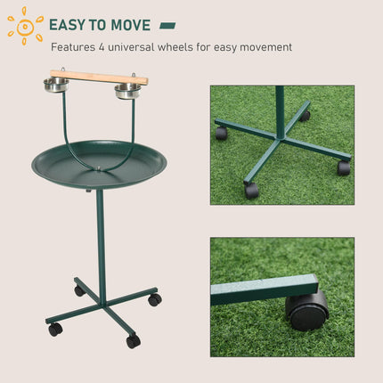 Bird Perch Stand with Wooden Perch, Feeding Bowls & Wheels for Small & Medium Birds - Green