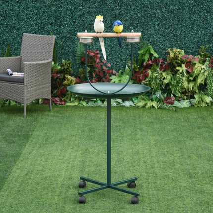 Bird Perch Stand with Wooden Perch, Feeding Bowls & Wheels for Small & Medium Birds - Green