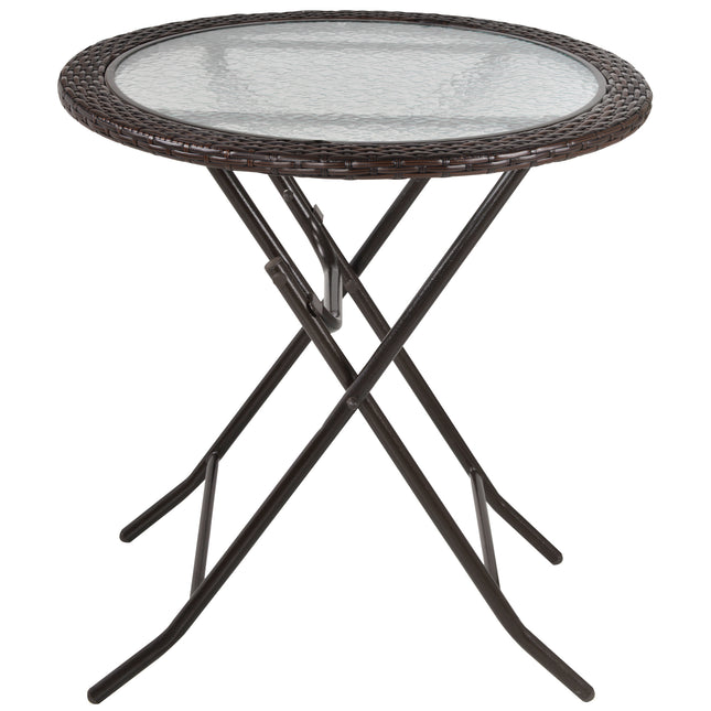 Folding Round Tempered Glass Metal Table with Brown Rattan Edging - Brown