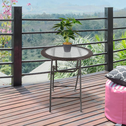 Folding Round Tempered Glass Metal Table with Brown Rattan Edging - Brown