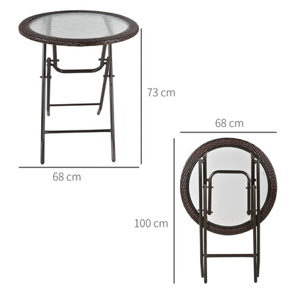 Folding Round Tempered Glass Metal Table with Brown Rattan Edging - Brown