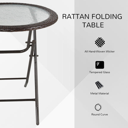Folding Round Tempered Glass Metal Table with Brown Rattan Edging - Brown