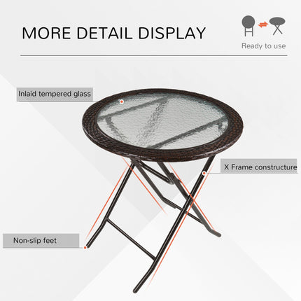 Folding Round Tempered Glass Metal Table with Brown Rattan Edging - Brown