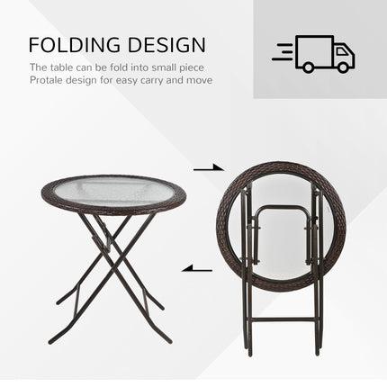 Folding Round Tempered Glass Metal Table with Brown Rattan Edging - Brown