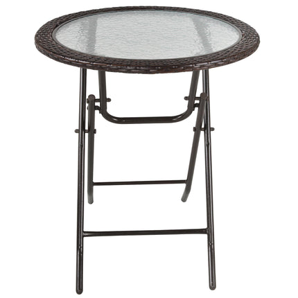 Folding Round Tempered Glass Metal Table with Brown Rattan Edging - Brown