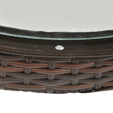 Folding Round Tempered Glass Metal Table with Brown Rattan Edging - Brown