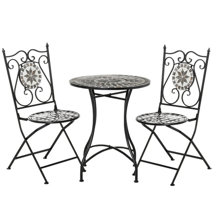 3 Pc Mosaic Tile Garden Bistro Set with Folding Chairs and Table Metal Frame - Grey