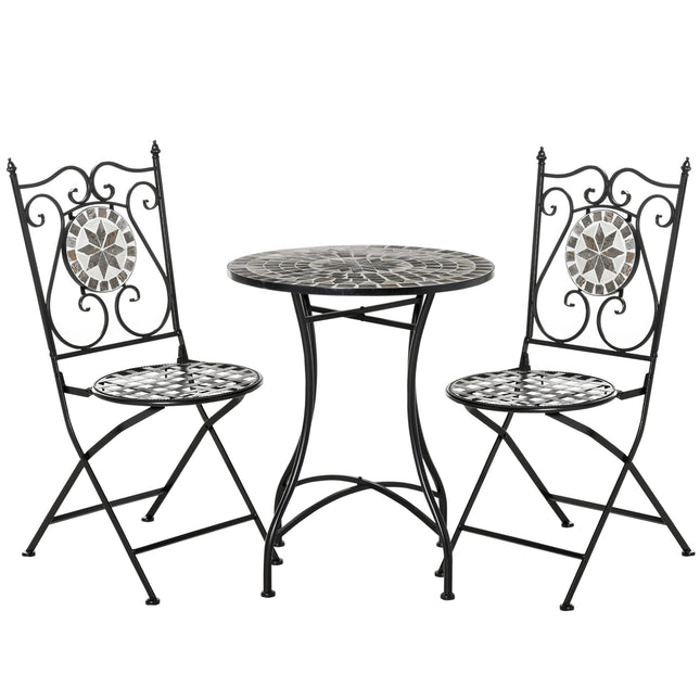 3 Pc Mosaic Tile Garden Bistro Set with Folding Chairs and Table Metal Frame - Grey