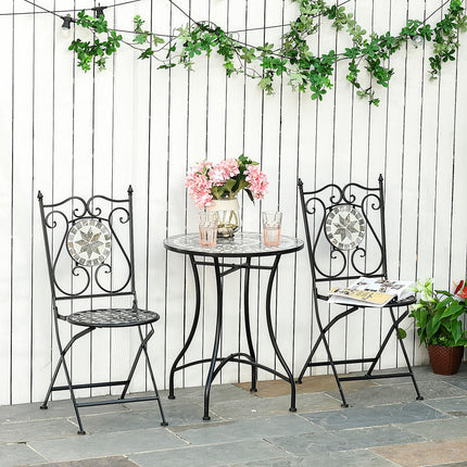 3 Pc Mosaic Tile Garden Bistro Set with Folding Chairs and Table Metal Frame - Grey