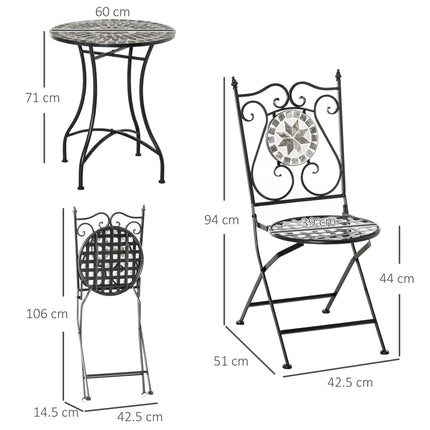 3 Pc Mosaic Tile Garden Bistro Set with Folding Chairs and Table Metal Frame - Grey