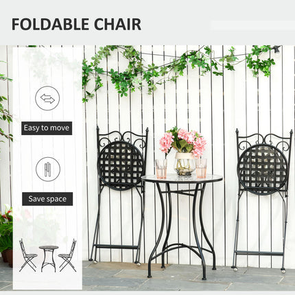 3 Pc Mosaic Tile Garden Bistro Set with Folding Chairs and Table Metal Frame - Grey