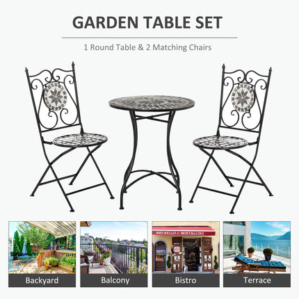 3 Pc Mosaic Tile Garden Bistro Set with Folding Chairs and Table Metal Frame - Grey