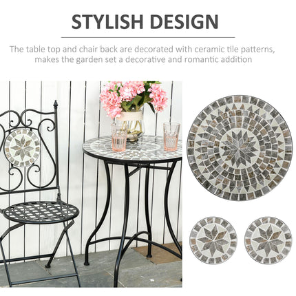 3 Pc Mosaic Tile Garden Bistro Set with Folding Chairs and Table Metal Frame - Grey