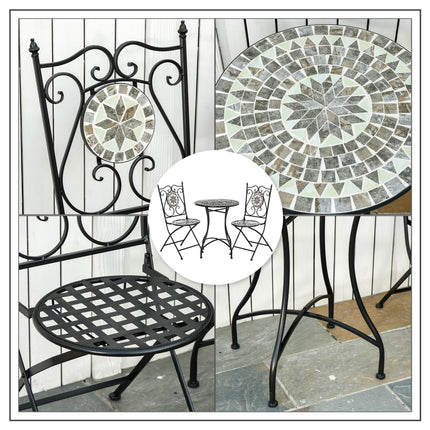 3 Pc Mosaic Tile Garden Bistro Set with Folding Chairs and Table Metal Frame - Grey