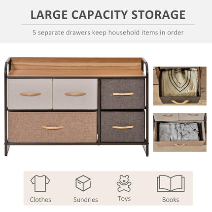 5-Drawer Linen Fabric Dresser Tower with Steel Frame and Wooden Top - Multicoloured