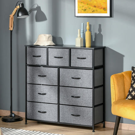 9-Drawer Storage Chest Dresser Organizer with Fabric Bins for Bedroom, Hallway, Entryway - Black & Grey