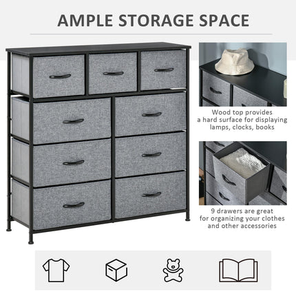 9-Drawer Storage Chest Dresser Organizer with Fabric Bins for Bedroom, Hallway, Entryway - Black & Grey