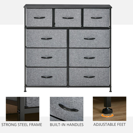 9-Drawer Storage Chest Dresser Organizer with Fabric Bins for Bedroom, Hallway, Entryway - Black & Grey
