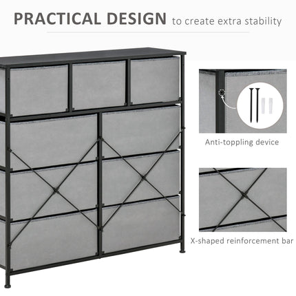 9-Drawer Storage Chest Dresser Organizer with Fabric Bins for Bedroom, Hallway, Entryway - Black & Grey