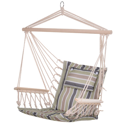 Garden Outdoor Hanging Hammock Chair with Thick Rope Frame and Wooden Arms Wide Seat - Multicoloured Stripes