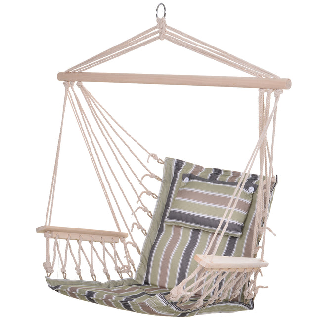 Garden Outdoor Hanging Hammock Chair with Thick Rope Frame and Wooden Arms Wide Seat - Multicoloured Stripes