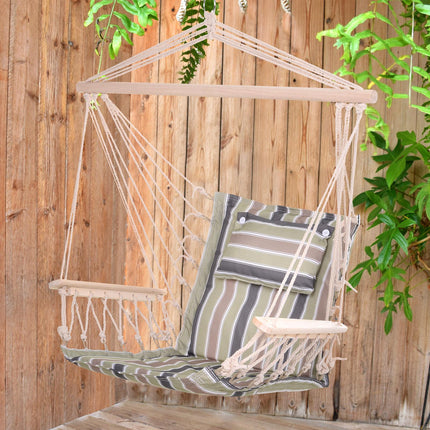 Garden Outdoor Hanging Hammock Chair with Thick Rope Frame and Wooden Arms Wide Seat - Multicoloured Stripes