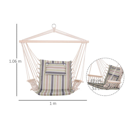 Garden Outdoor Hanging Hammock Chair with Thick Rope Frame and Wooden Arms Wide Seat - Multicoloured Stripes