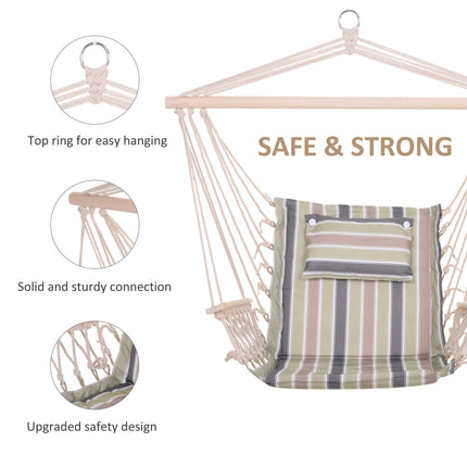 Garden Outdoor Hanging Hammock Chair with Thick Rope Frame and Wooden Arms Wide Seat - Multicoloured Stripes