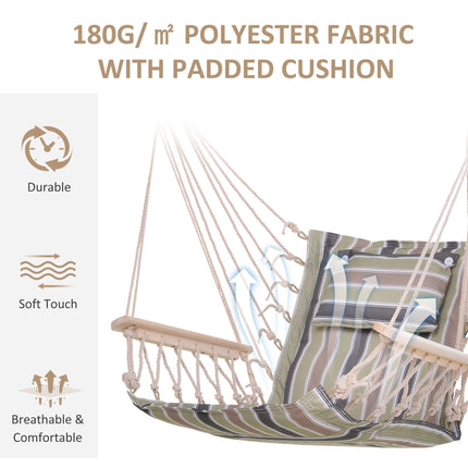 Garden Outdoor Hanging Hammock Chair with Thick Rope Frame and Wooden Arms Wide Seat - Multicoloured Stripes