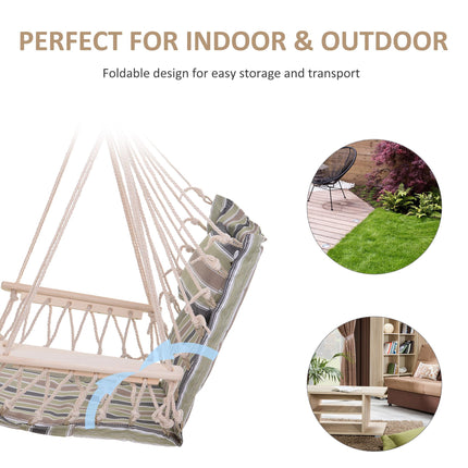Garden Outdoor Hanging Hammock Chair with Thick Rope Frame and Wooden Arms Wide Seat - Multicoloured Stripes