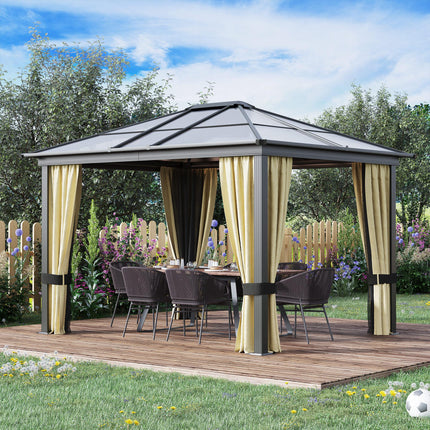 3.6 x 3 Metre Hardtop Gazebo Canopy with Polycarbonate Roof and Mosquito Netting - Brown