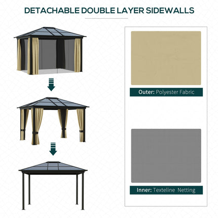 3.6 x 3 Metre Hardtop Gazebo Canopy with Polycarbonate Roof and Mosquito Netting - Brown