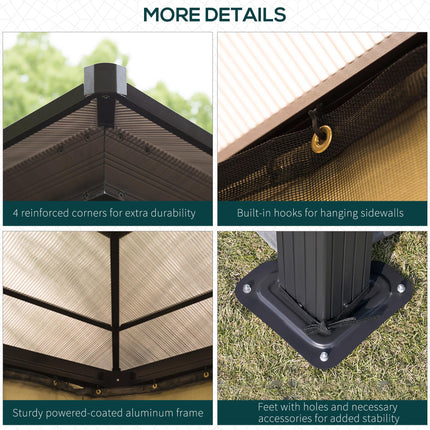 3.6 x 3 Metre Hardtop Gazebo Canopy with Polycarbonate Roof and Mosquito Netting - Brown