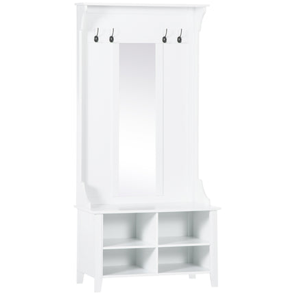 Hallway Furniture Set with Shoe Bench, Mirror, Cabinet, Coat Rack & 4 Hooks - White