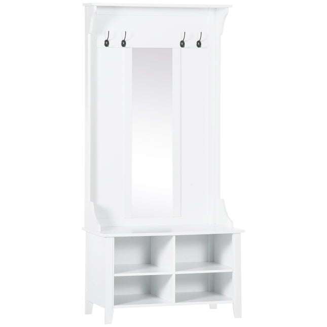 Hallway Furniture Set with Shoe Bench, Mirror, Cabinet, Coat Rack & 4 Hooks - White