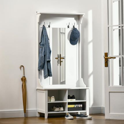 Hallway Furniture Set with Shoe Bench, Mirror, Cabinet, Coat Rack & 4 Hooks - White