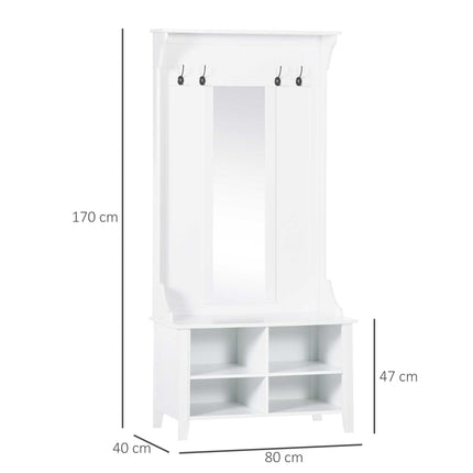 Hallway Furniture Set with Shoe Bench, Mirror, Cabinet, Coat Rack & 4 Hooks - White