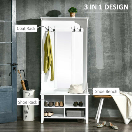 Hallway Furniture Set with Shoe Bench, Mirror, Cabinet, Coat Rack & 4 Hooks - White