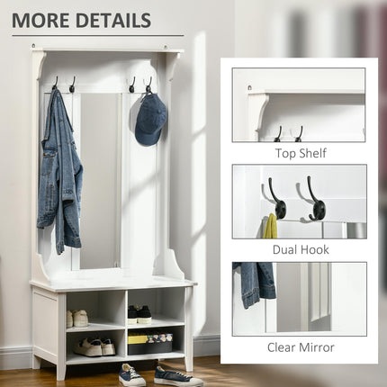 Hallway Furniture Set with Shoe Bench, Mirror, Cabinet, Coat Rack & 4 Hooks - White
