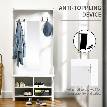 Hallway Furniture Set with Shoe Bench, Mirror, Cabinet, Coat Rack & 4 Hooks - White