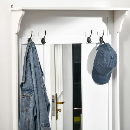 Hallway Furniture Set with Shoe Bench, Mirror, Cabinet, Coat Rack & 4 Hooks - White