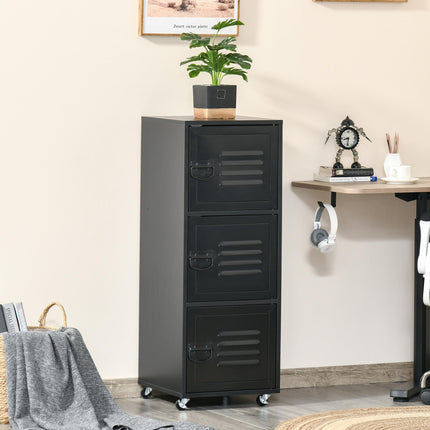 3-Tier Rolling Mobile File Cabinet with Metal Doors and Wheels for Home Office - Black